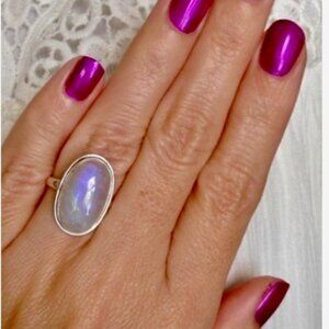 Rainbow Moonstone Ring Set In 925 Sterling Silver, Size 7